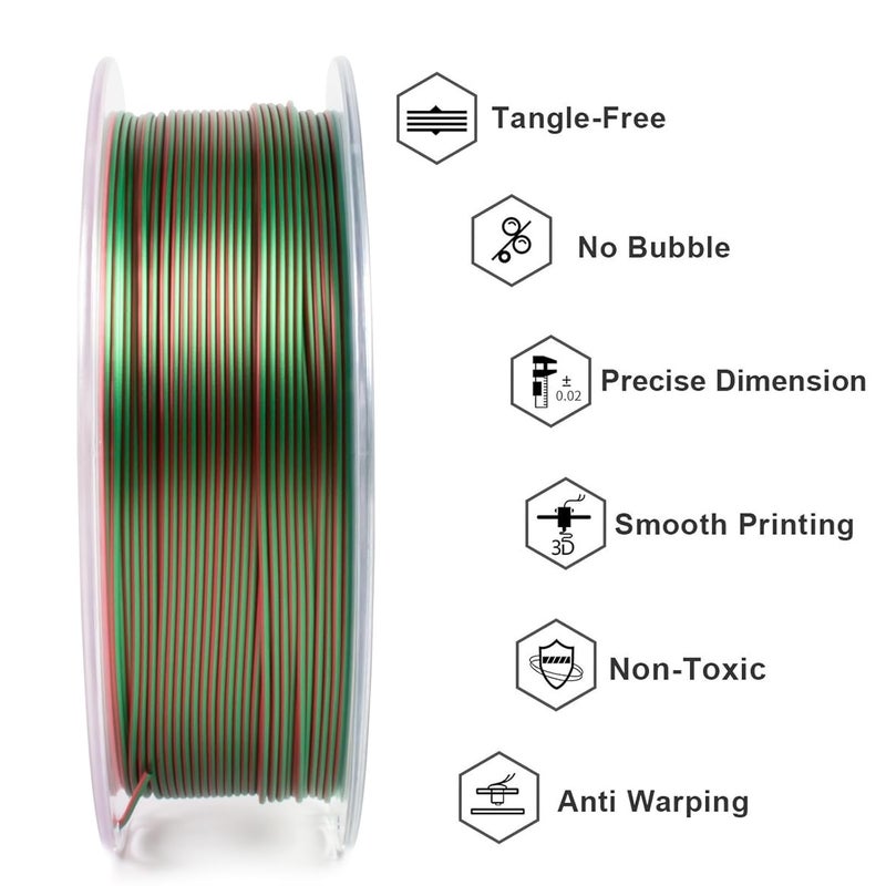 Geeetech Silk PLA Filament 1.75mm Silk Dual Color Filament, Coextrusion Dichromatic Metal-Like Shiny Consumable 1kg (2.2lbs) 1 Spool, Dimensional Accuracy +/- 0.02 mm, Green Red - Image 2